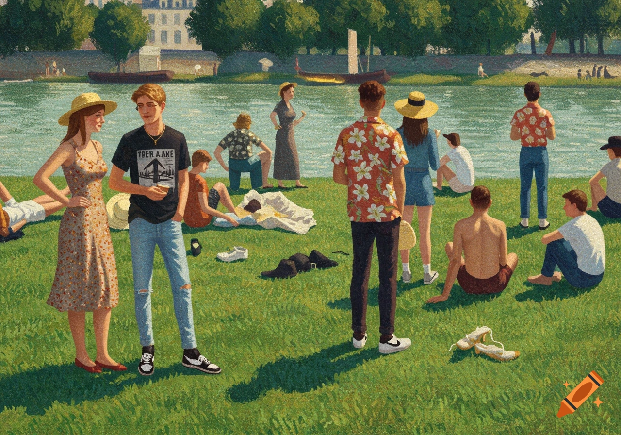 People in modern clothes relax by a river in the style of a pointillist painting.