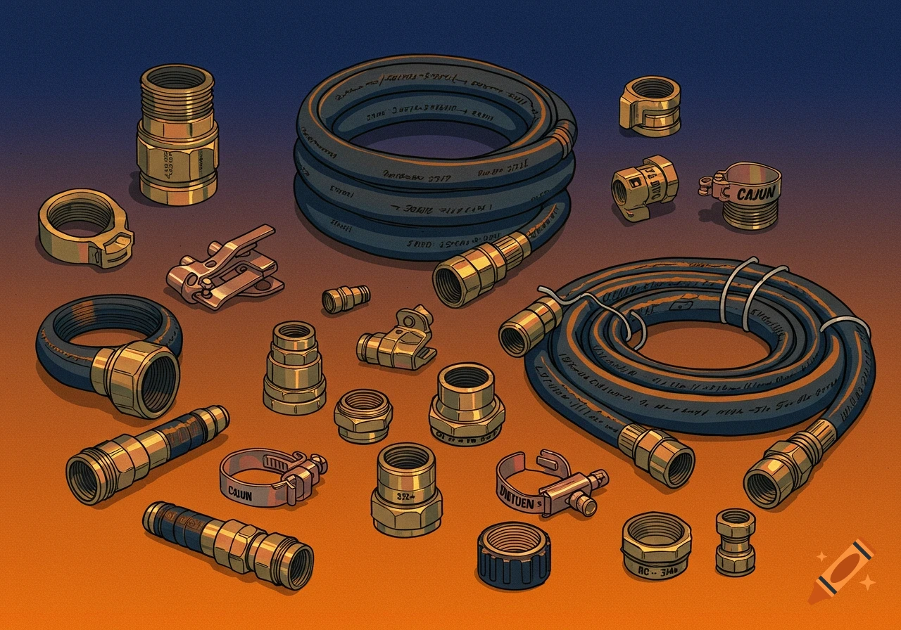Illustration of various hose fittings, clamps, and coiled hoses on a gradient background.