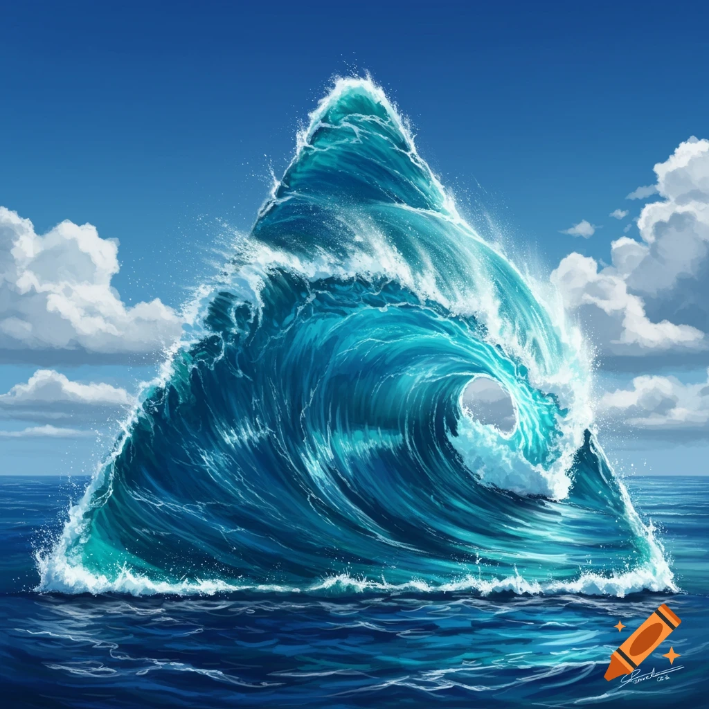 A large ocean wave forms a triangular shape under a blue sky with clouds.