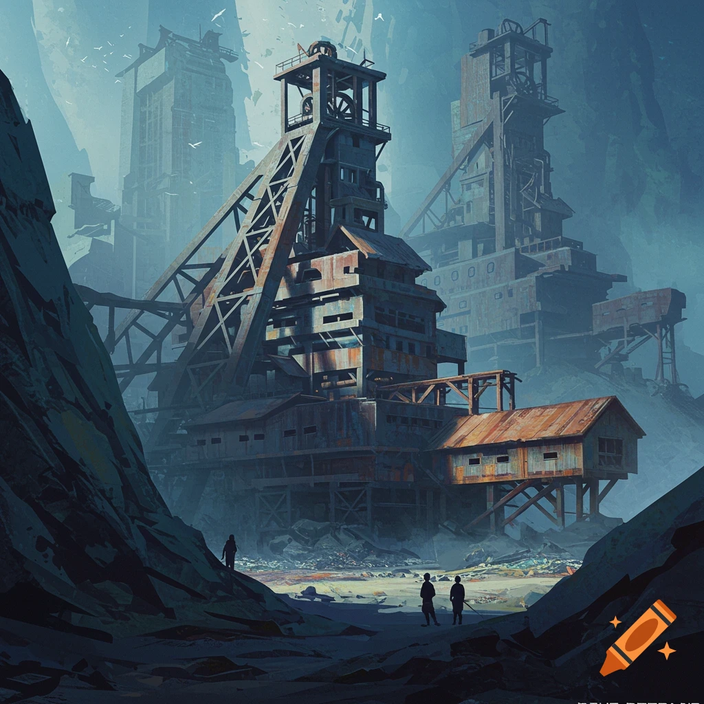Atmospheric painting of large, rusty mining structures in a rocky, misty landscape with small figures looking on.