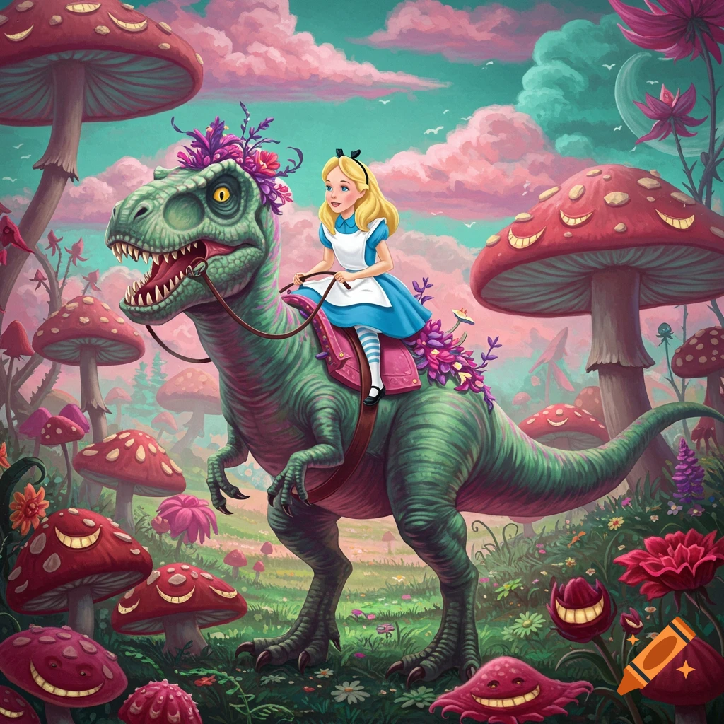 Alice rides a T-Rex through a whimsical, colorful fantasy mushroom forest.