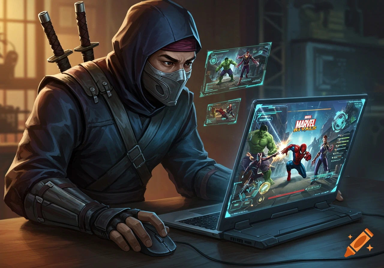 Illustration of a ninja playing a game featuring Marvel characters on a laptop.