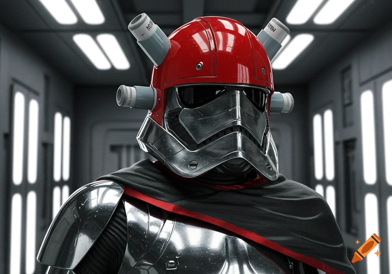 Close up of Captain Phasma's helmet modified with red paint and inhalers on the sides.