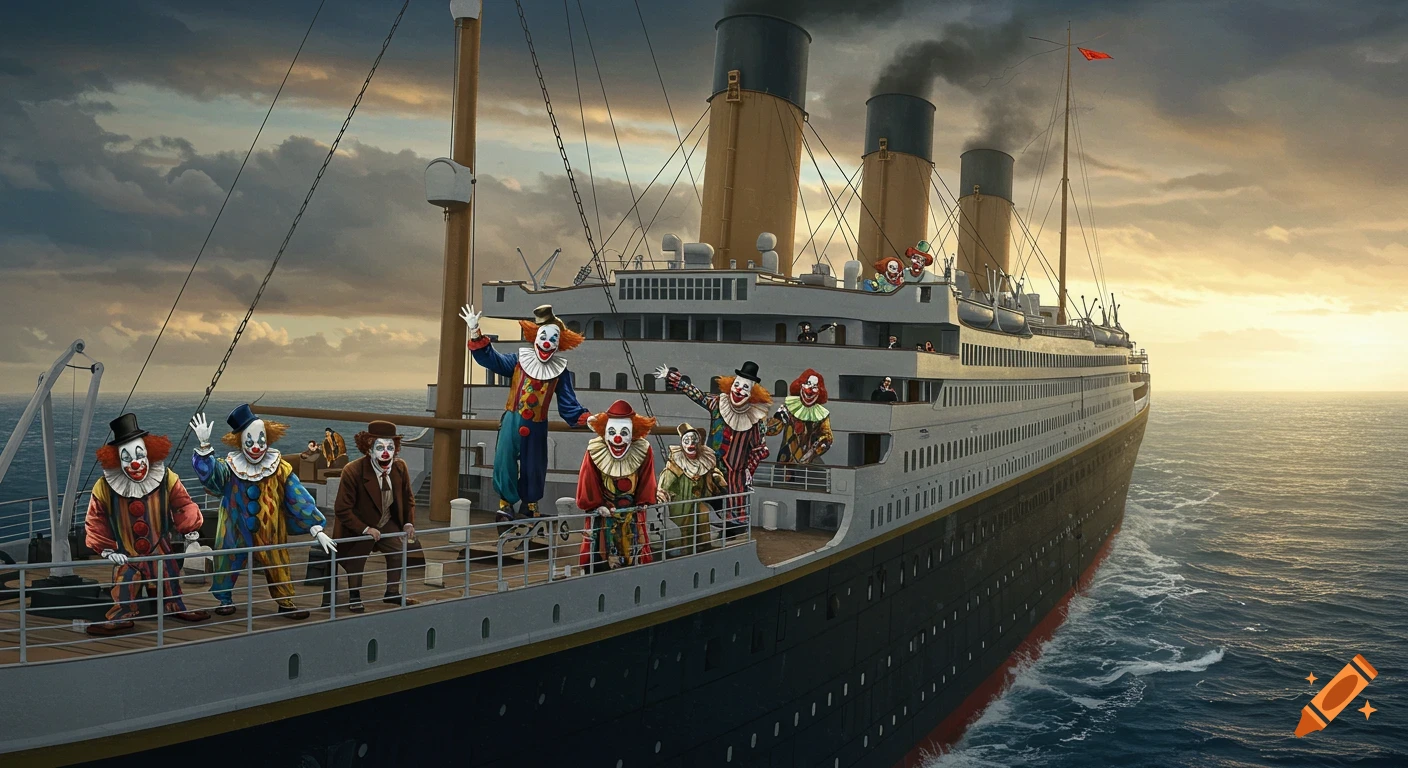 Clowns stand and wave on the deck of a large ship at sea.