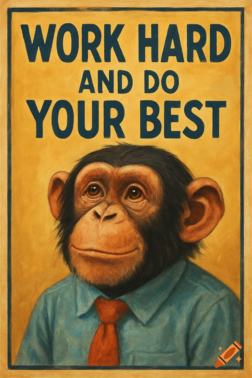 Illustration of a chimpanzee in a shirt and tie standing before a yellow motivational poster that says 'WORK HARD AND DO YOUR BEST'.