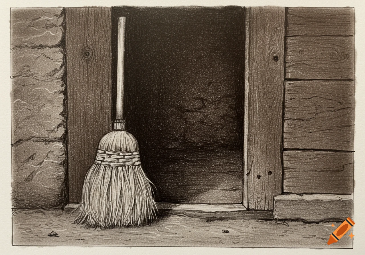 A pencil sketch of a broom leaning in a rustic doorway.