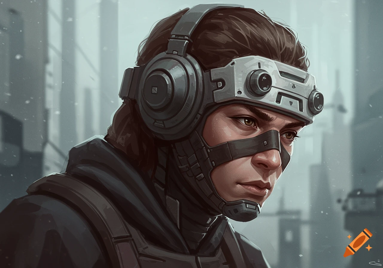 Close-up portrait of a person in tactical gear with futuristic headset and mask looking down against a blurred city background.
