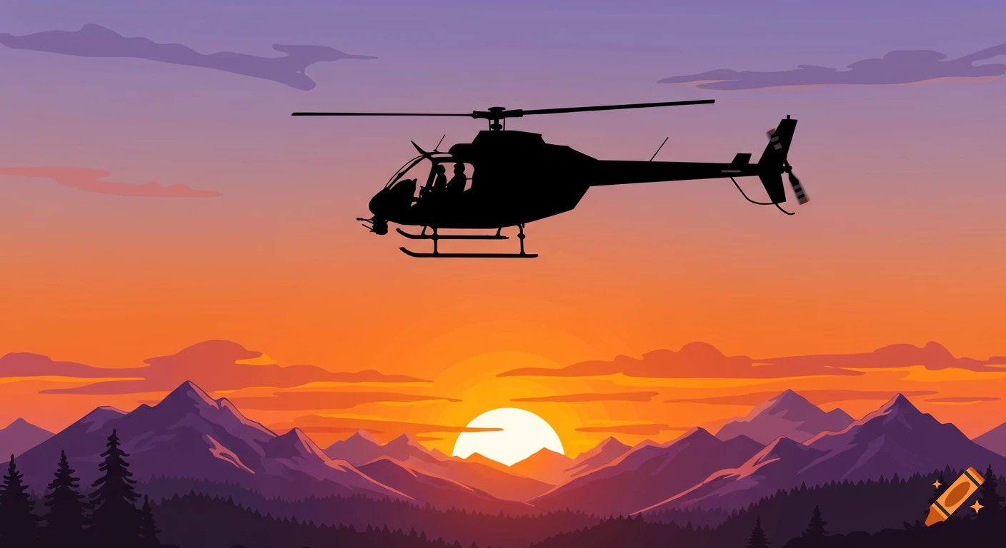 A helicopter silhouette flies over mountains during a sunset in a cartoon style.