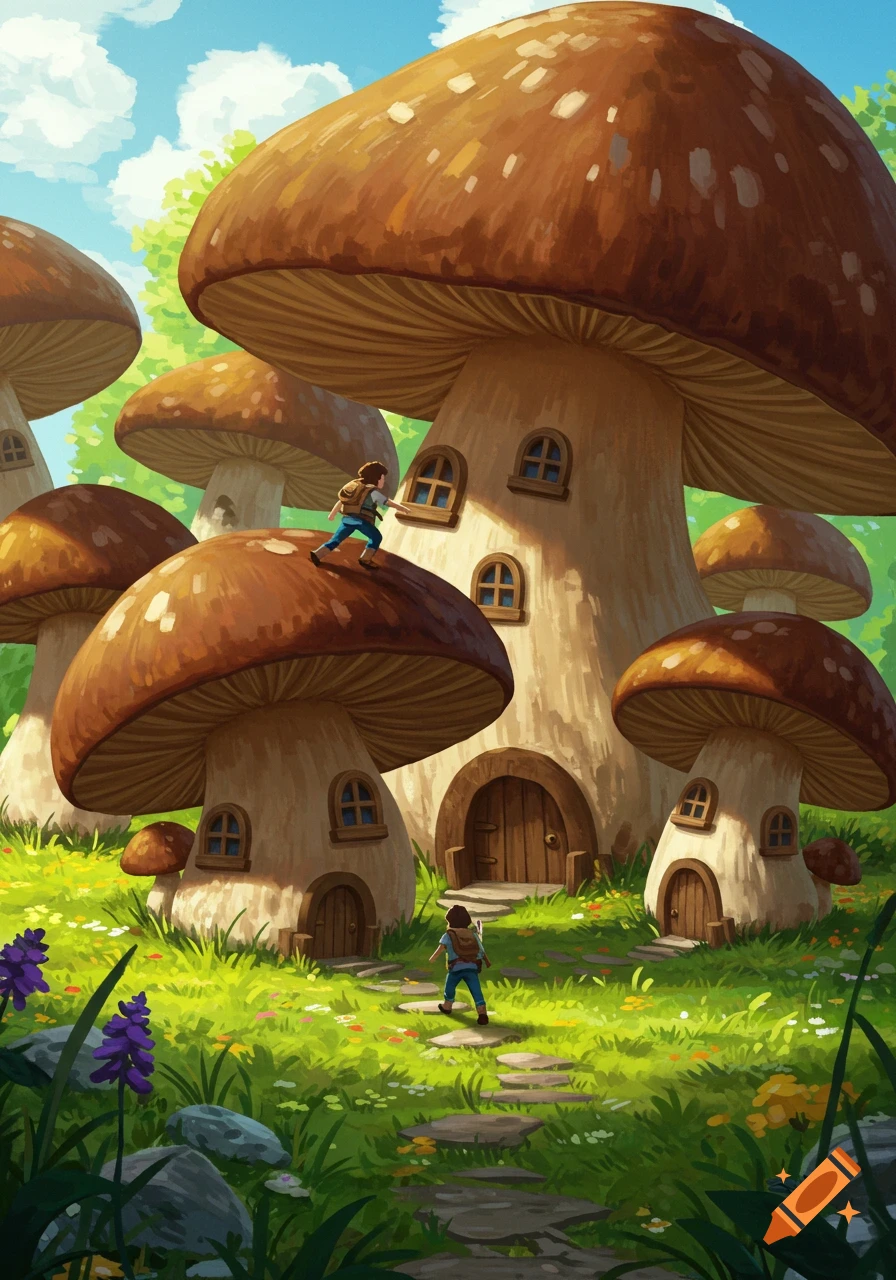 A person climbs on a giant mushroom house in a fantasy village.