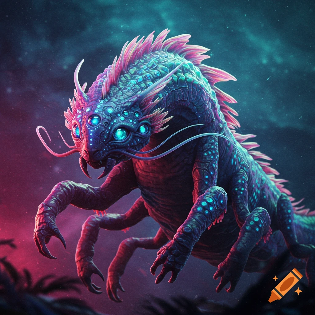 A vibrant alien creature with multiple glowing blue eyes and many legs in a dark, atmospheric setting.