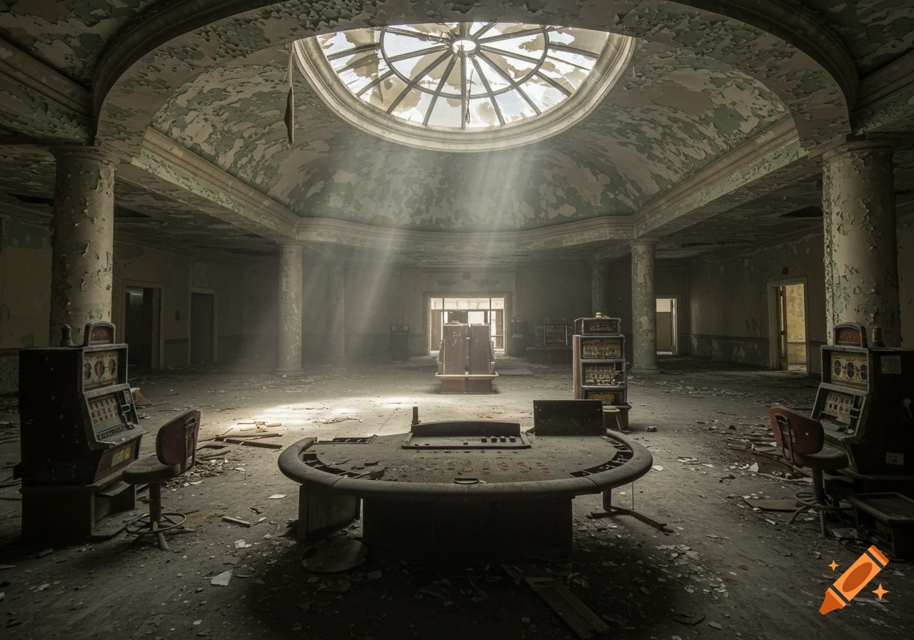 An abandoned casino room with peeling paint, broken dome skylight, sunlight beams, slot machines, and a gaming table.