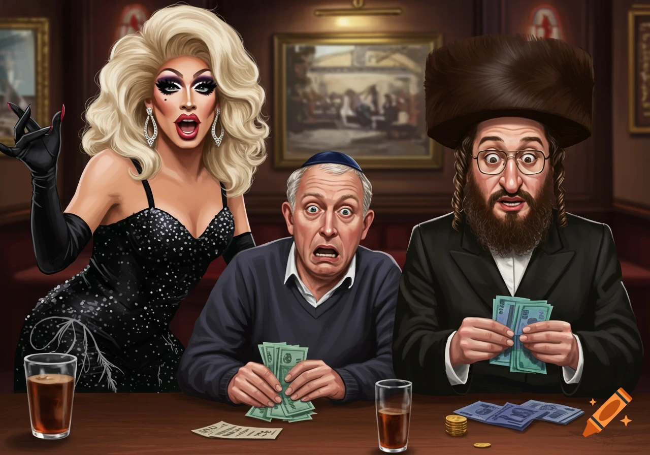 Illustration of a drag queen next to two men reacting with shock at a pub table with money.