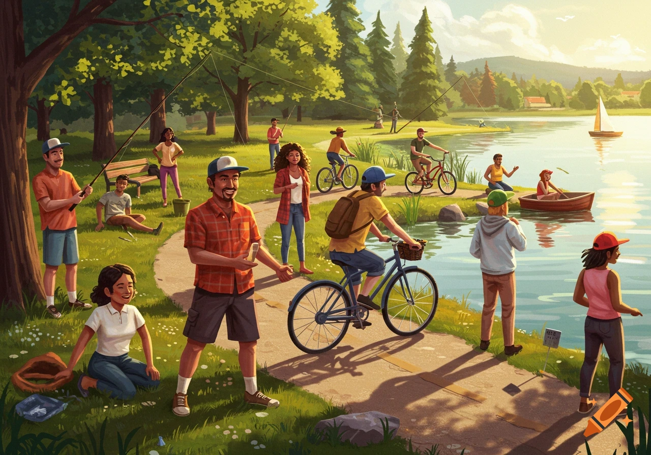 A stylized illustration of people fishing, biking, walking, and boating around a sunny lake.