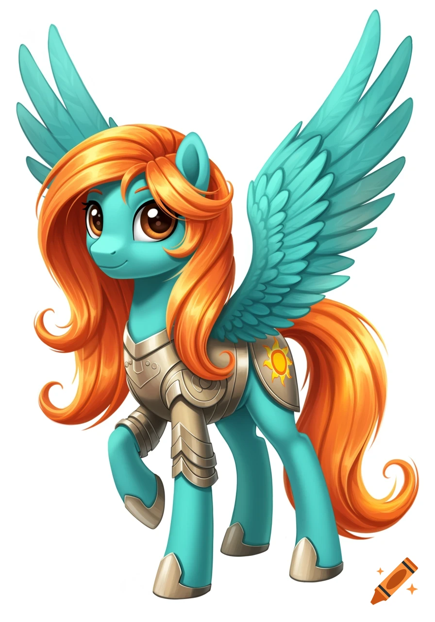A turquoise cartoon pony with orange-blond hair and wings wears gold armor with a sun emblem, standing on a white background.