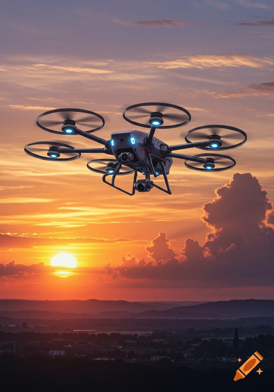 A drone with multiple propellers flies against a bright orange and purple sunset over a distant landscape.