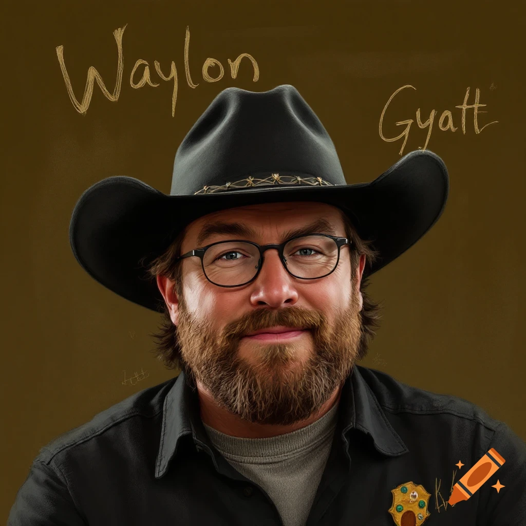 A portrait of a smiling man with a beard and glasses wearing a black cowboy hat, with the words "Waylon Gyatt" written above him.