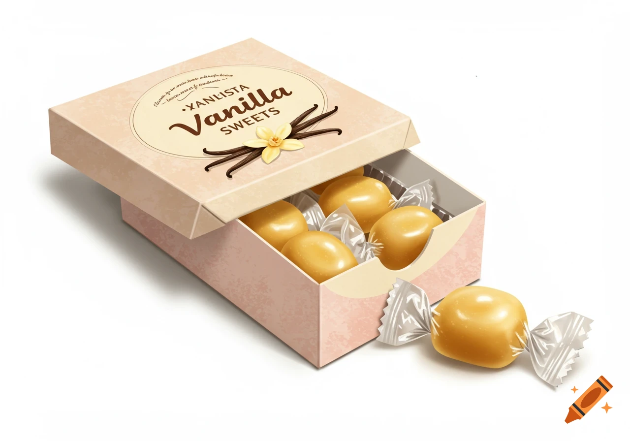 A pink box of vanilla sweets with an open lid, showing candies inside, and one wrapped candy spilled out onto a white background.