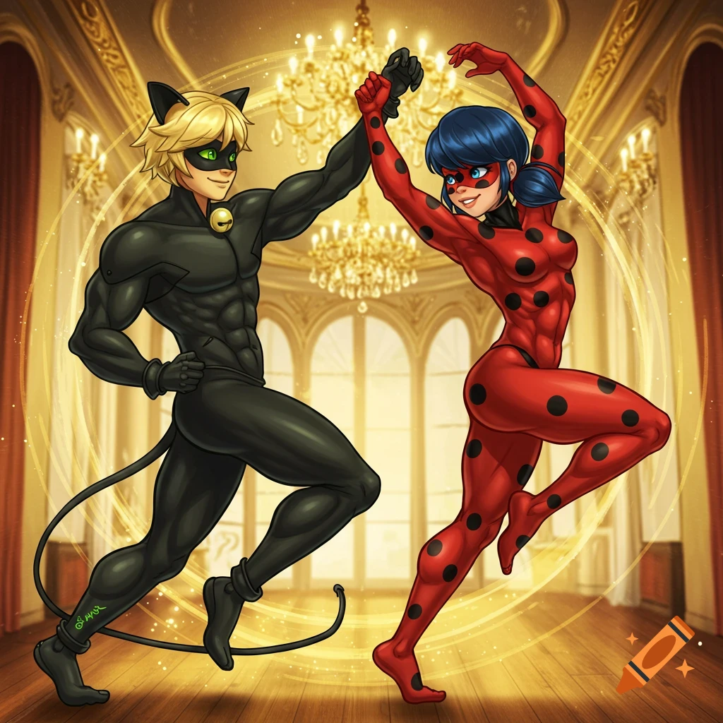 Musclebound Cat Noir and Ladybug characters dancing in a ballroom