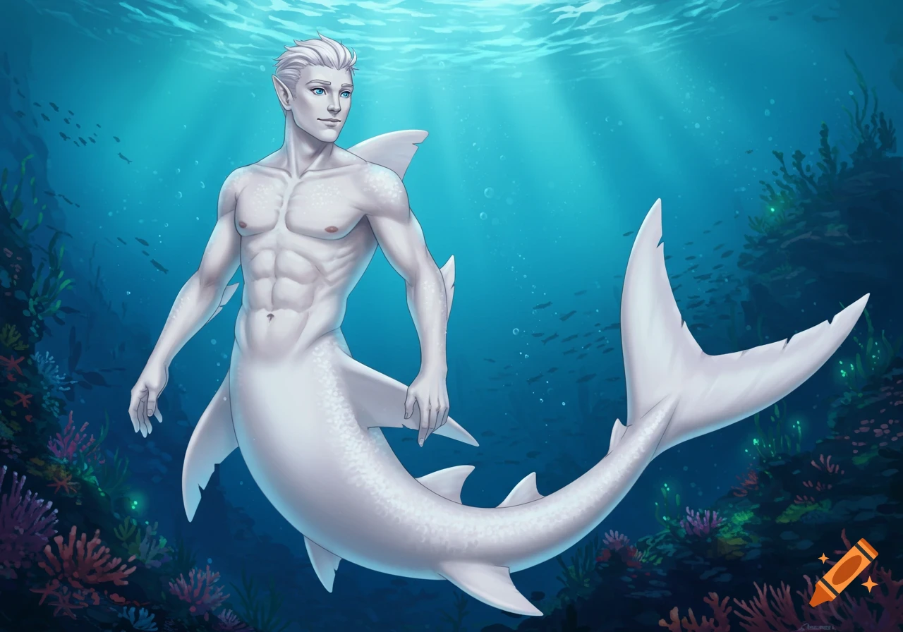 Albino shark merman swimming underwater among coral
