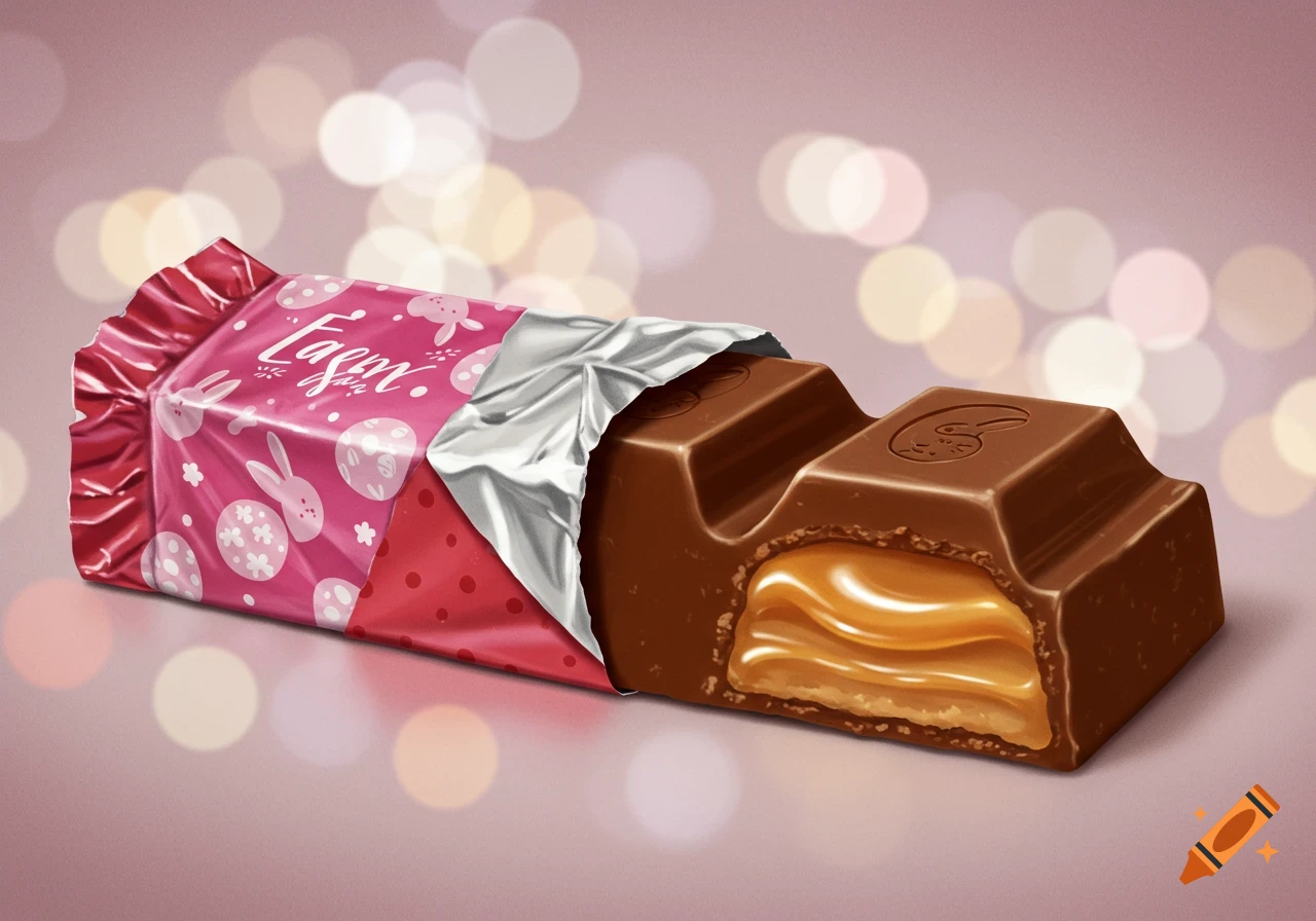Close-up of a partially unwrapped Easter chocolate bar with caramel filling.