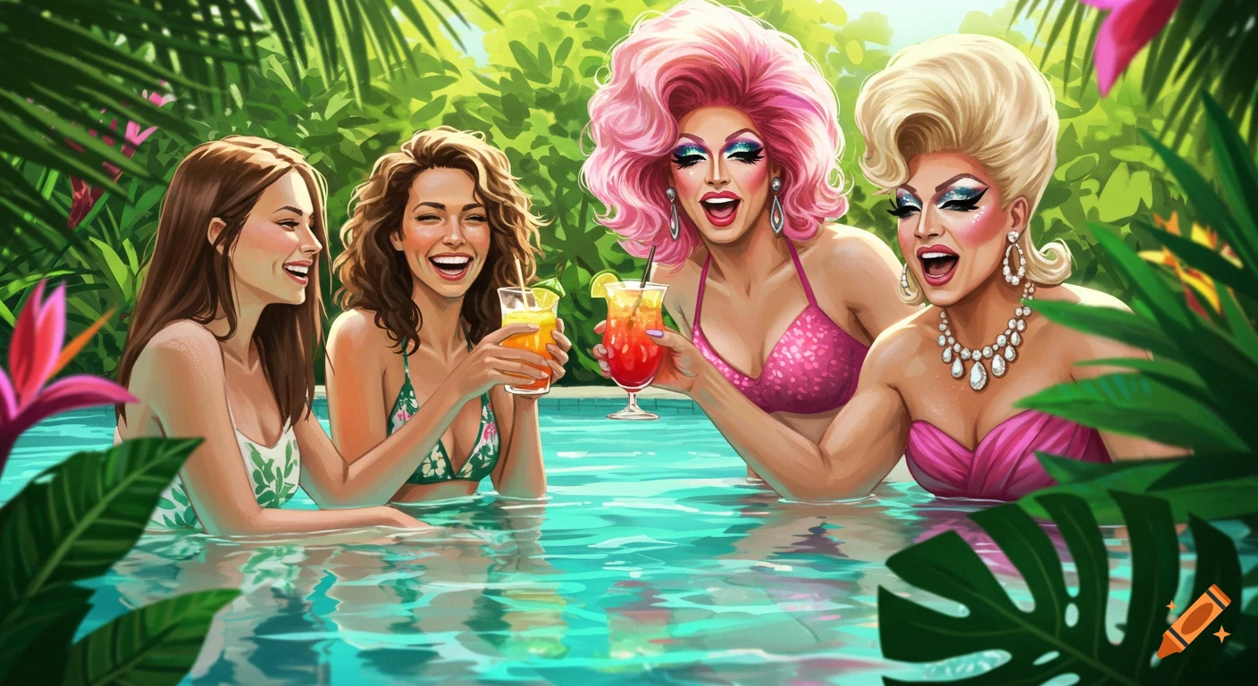 Four people, including two drag queens, laugh in a tropical pool with cocktails in hand.