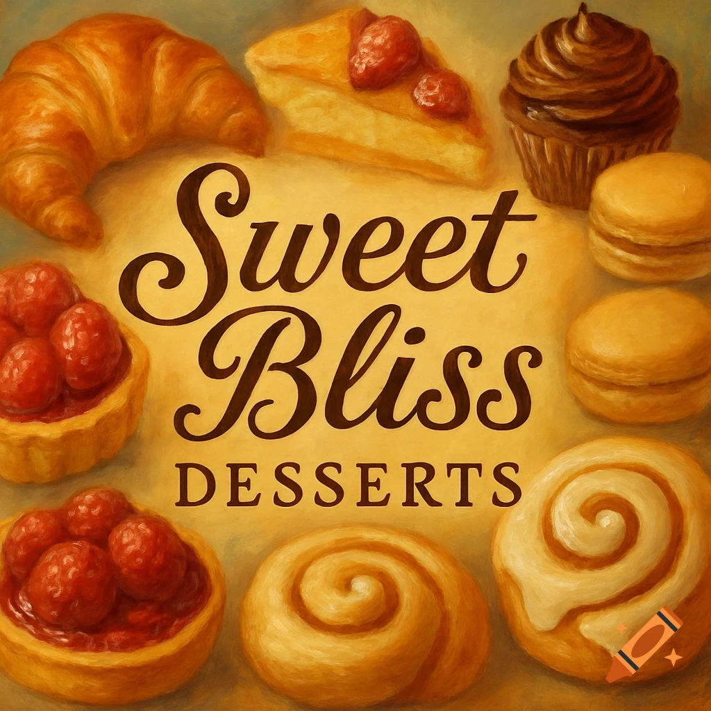 Illustration of pastries and desserts with text 'Sweet Bliss Desserts'.