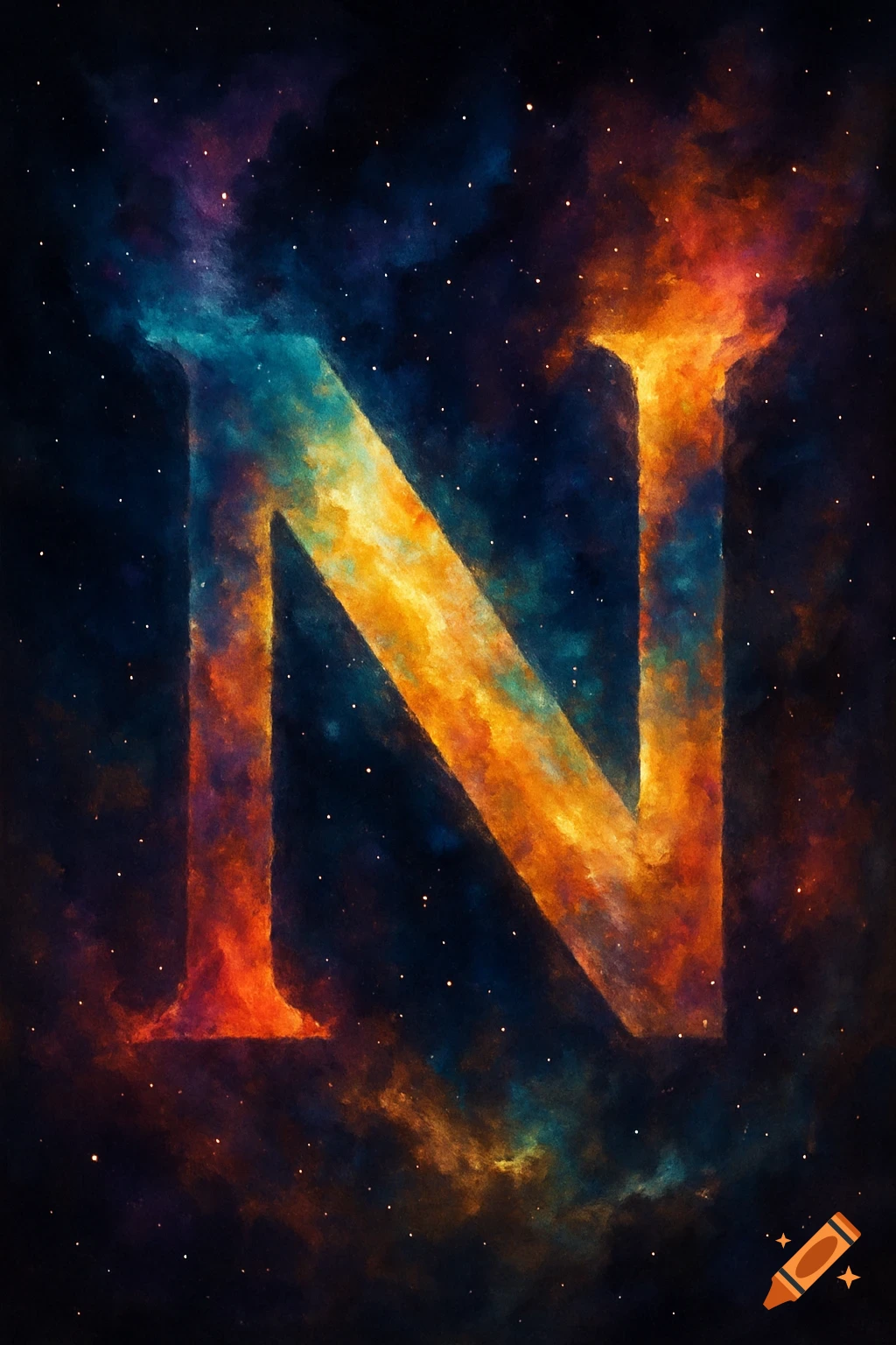 A large letter N filled with colorful nebula and stars against a dark space background.