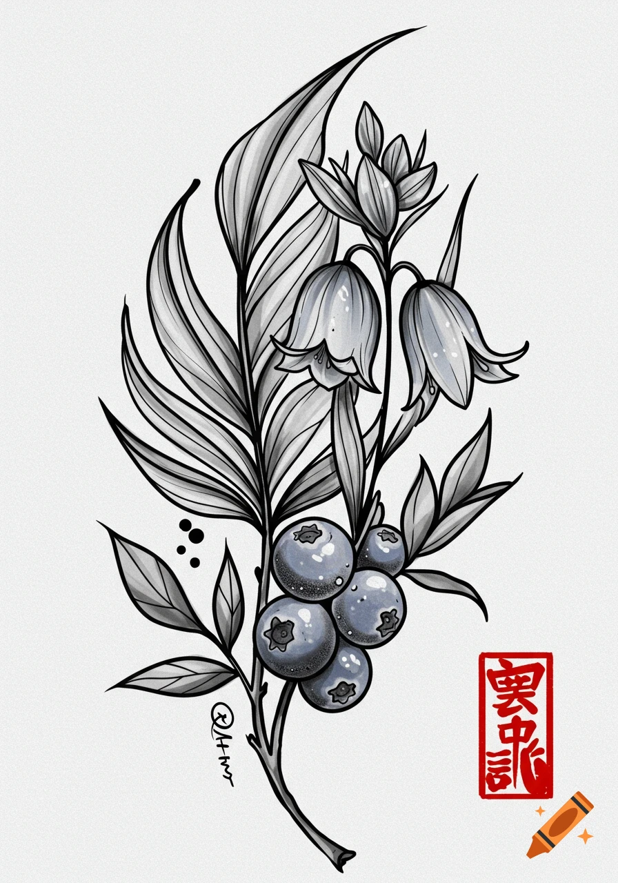 Black ink tattoo design of bluebells, blueberries, and leaves.