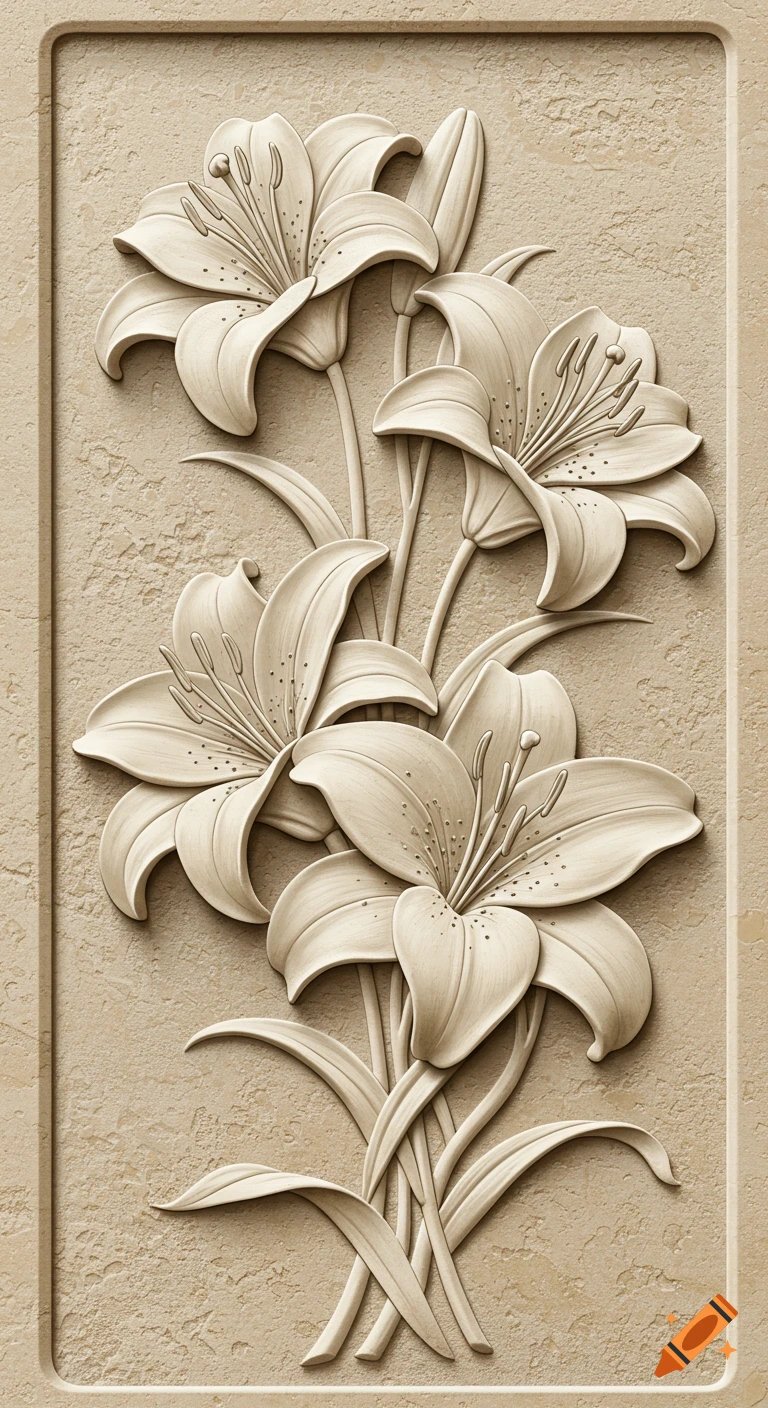 Relief carving of lilies on a textured background