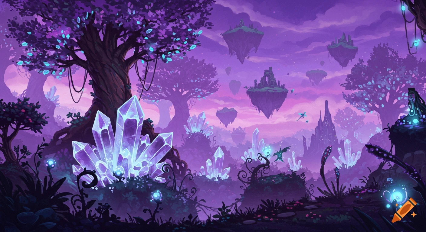 A vibrant purple fantasy landscape with glowing crystals, twisted trees, and floating islands.
