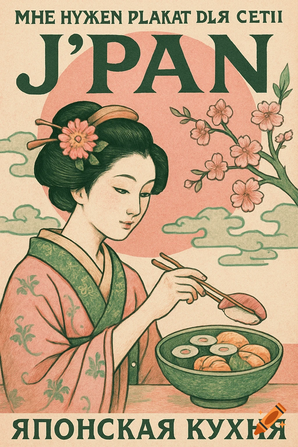 Vintage-style illustration of a Japanese woman eating sushi from a bowl, with cherry blossoms and text.