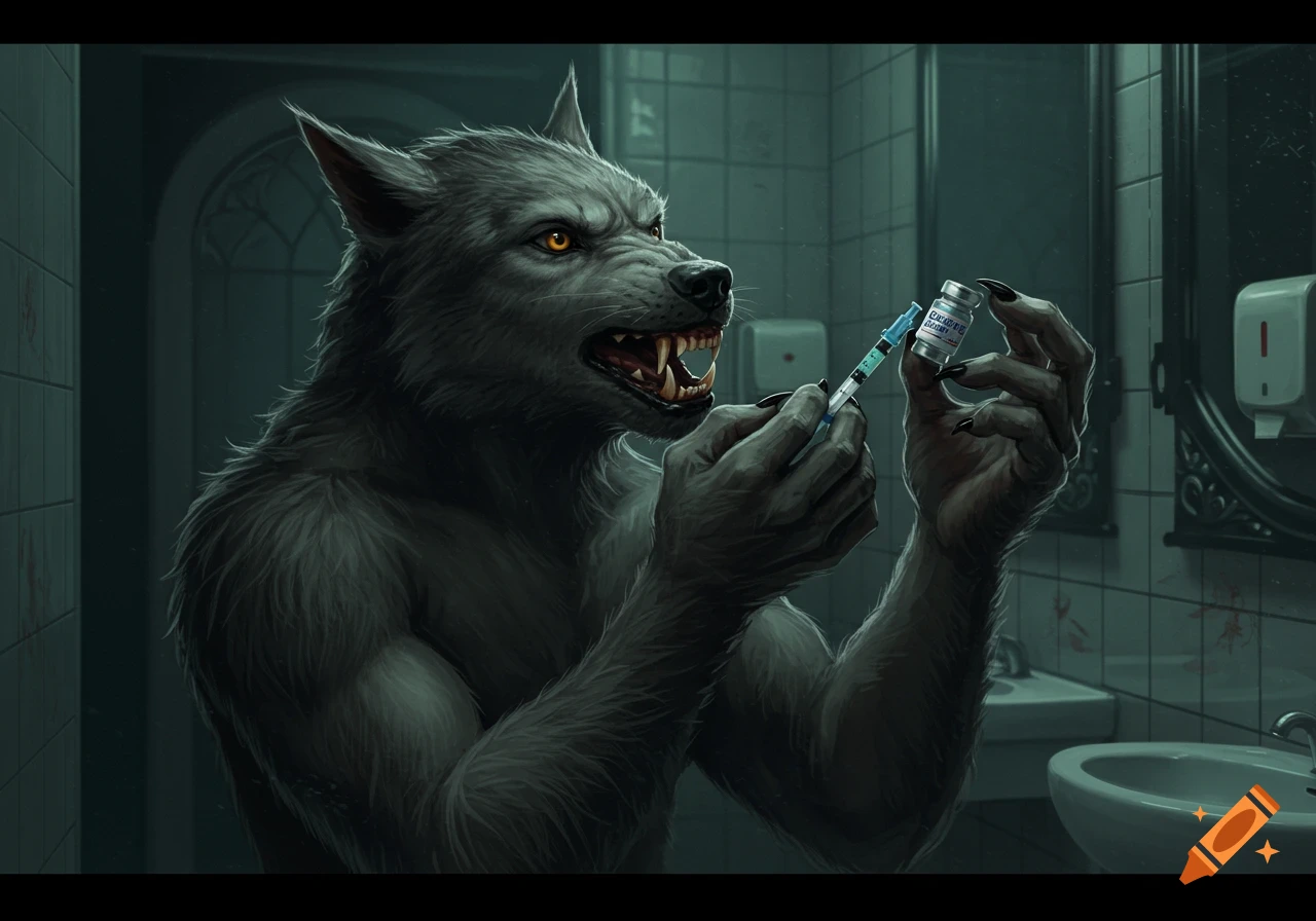 Realistic illustration of a werewolf in a bathroom examining a syringe and a medical vial.
