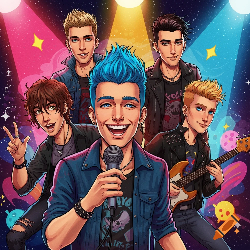 Illustration of five boys in a stylized band performing on stage with spotlights.