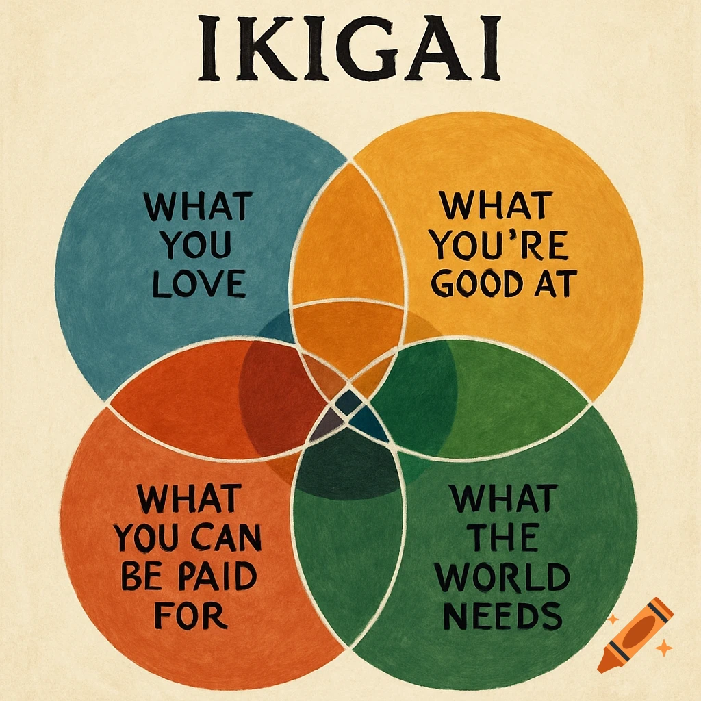 Diagram illustrating the Ikigai concept with four overlapping circles and text labels.