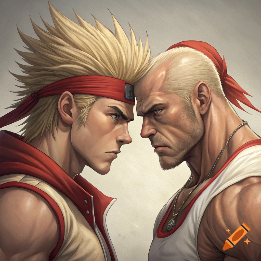 Two men with blonde hair and red headbands face each other intensely in a dramatic portrait.