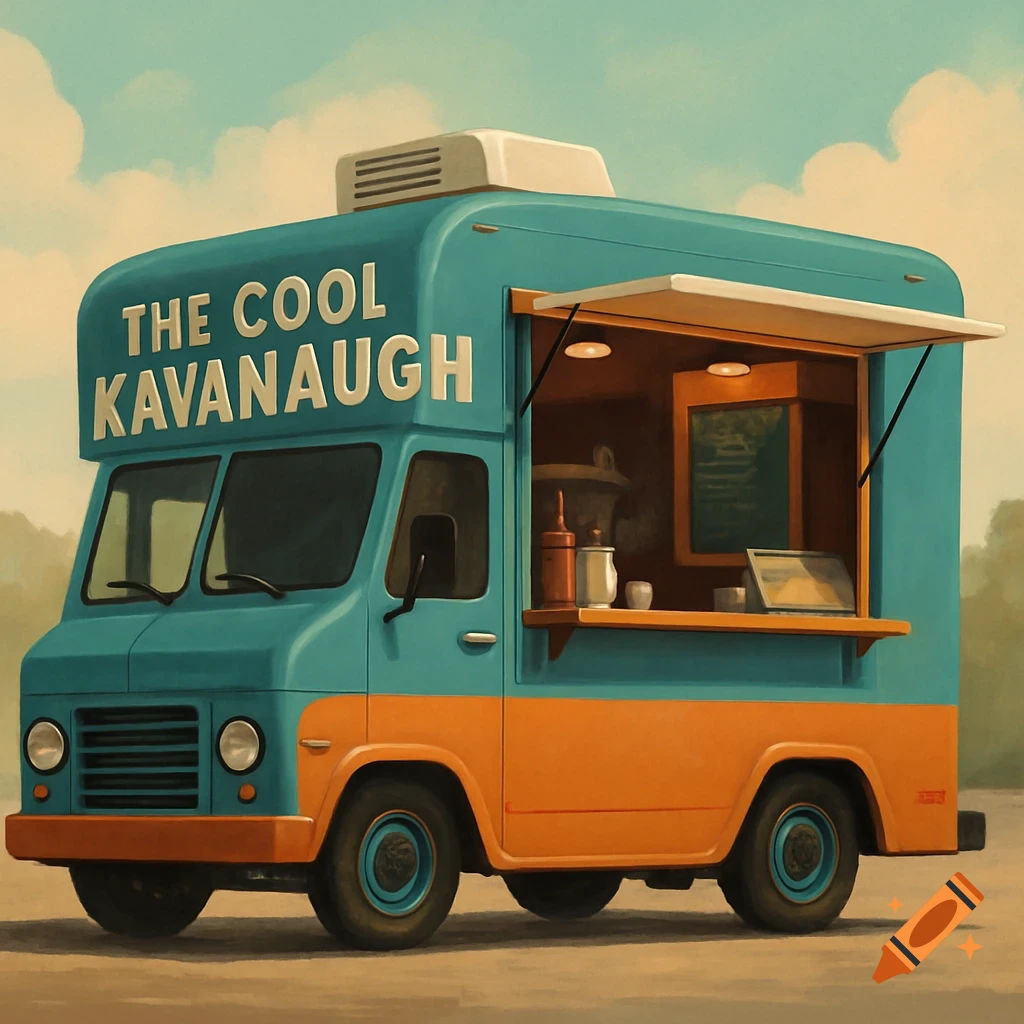 A blue and orange food truck with 'THE COOL KAVANAUGH' written on it, in a painted style.