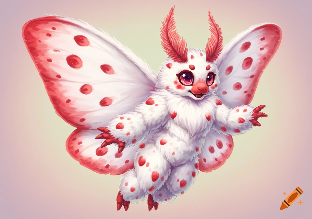 A fluffy white creature with large red spots and red antennae, resembling a moth, smiles and floats with its wings spread.