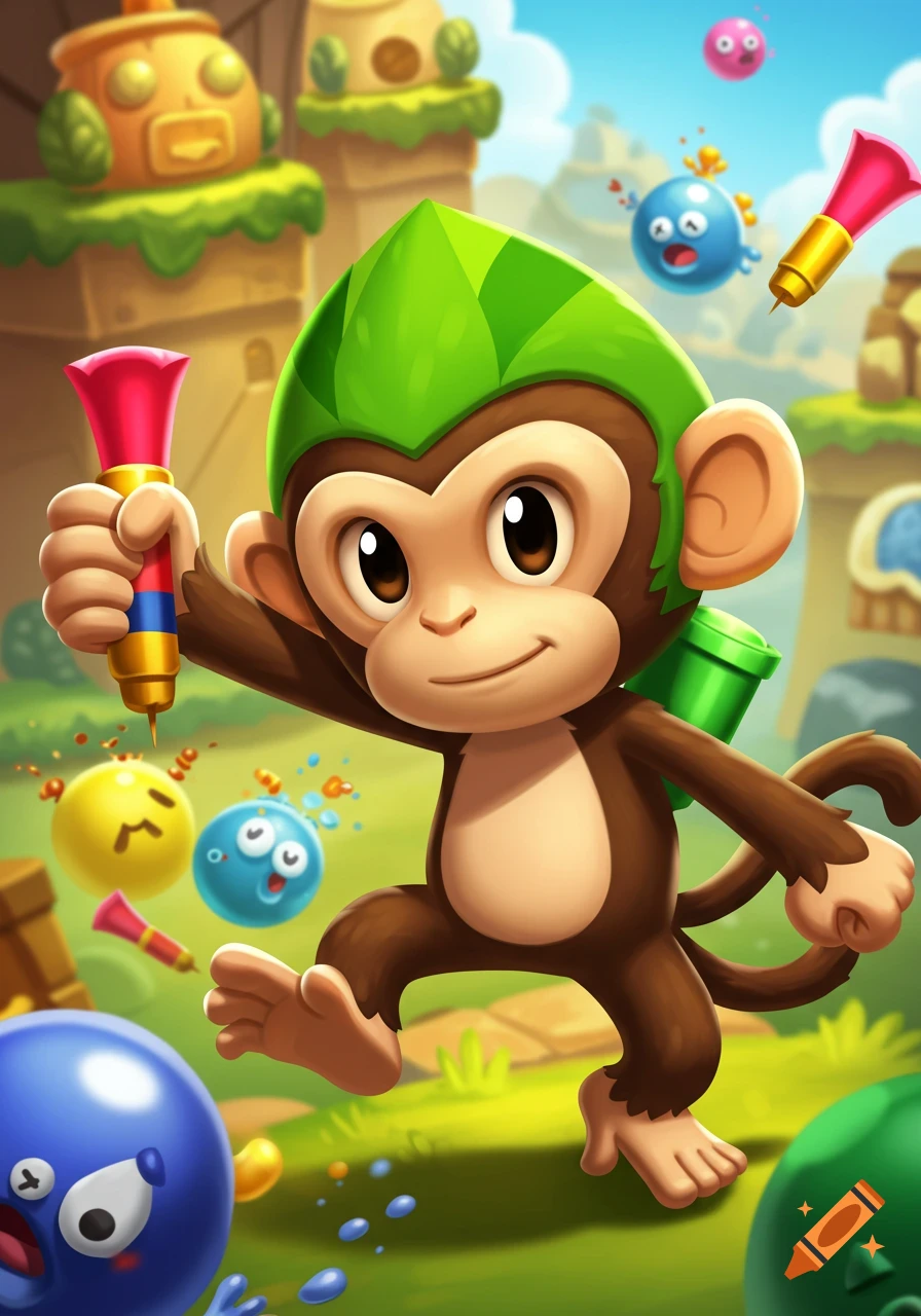 Cartoon monkey in a fantasy landscape holding a dart gun, surrounded by colorful bubble creatures.