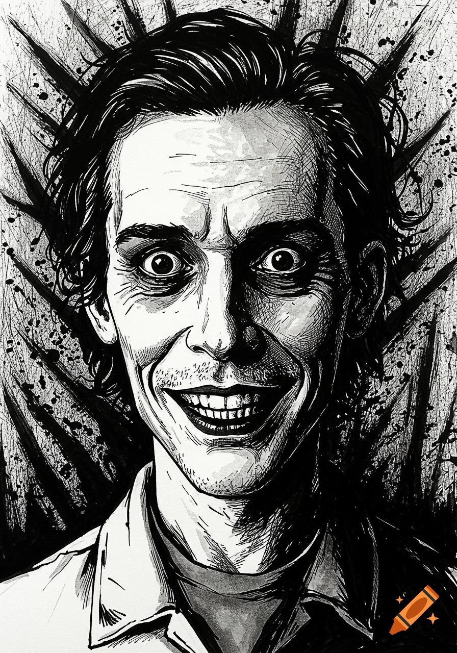 Portrait of a smiling man with wide eyes in a black and white scratchy ink illustration style.