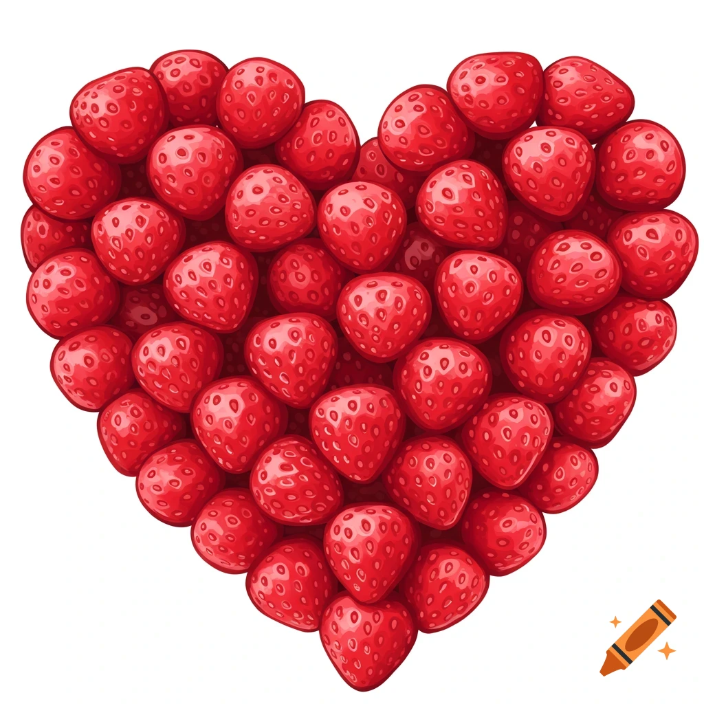 Many red strawberries arranged in the shape of a heart.