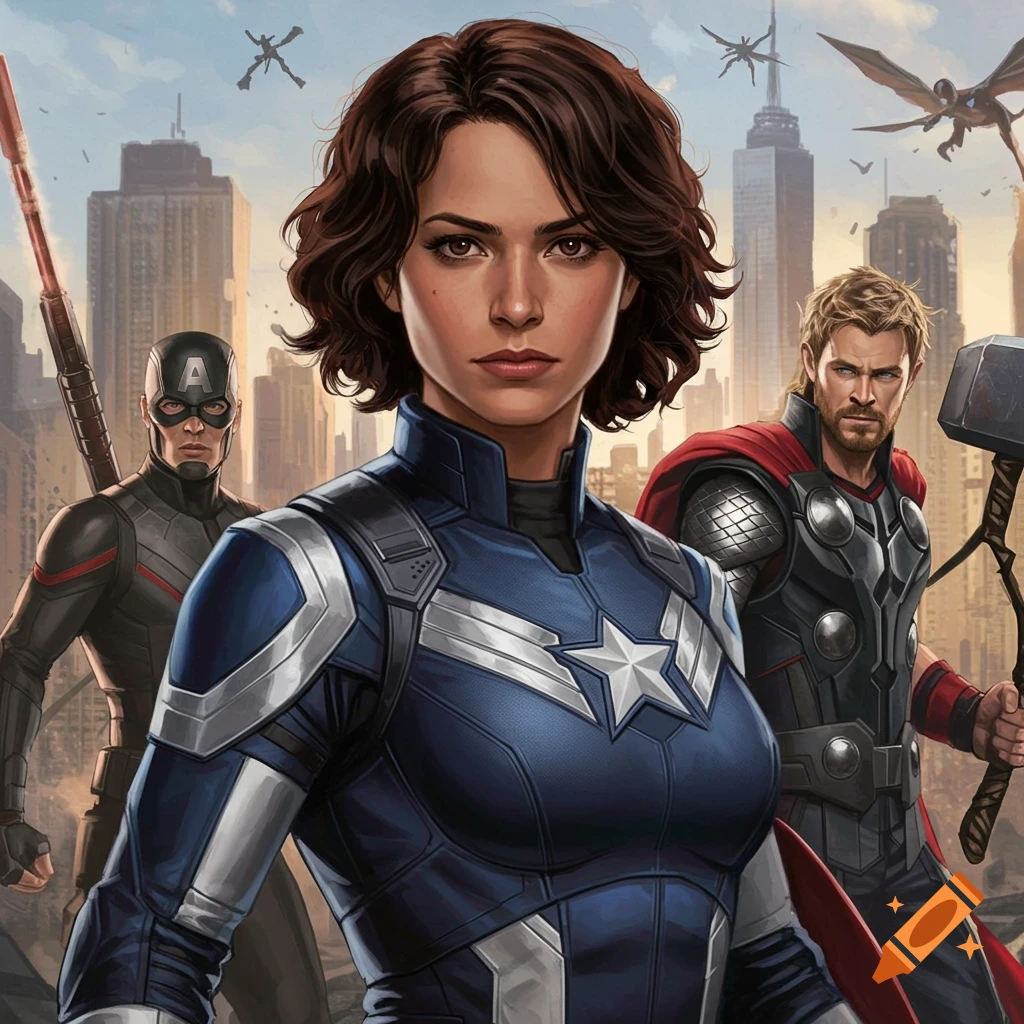 Three superheroes including a female in a Captain America suit stand in a city.