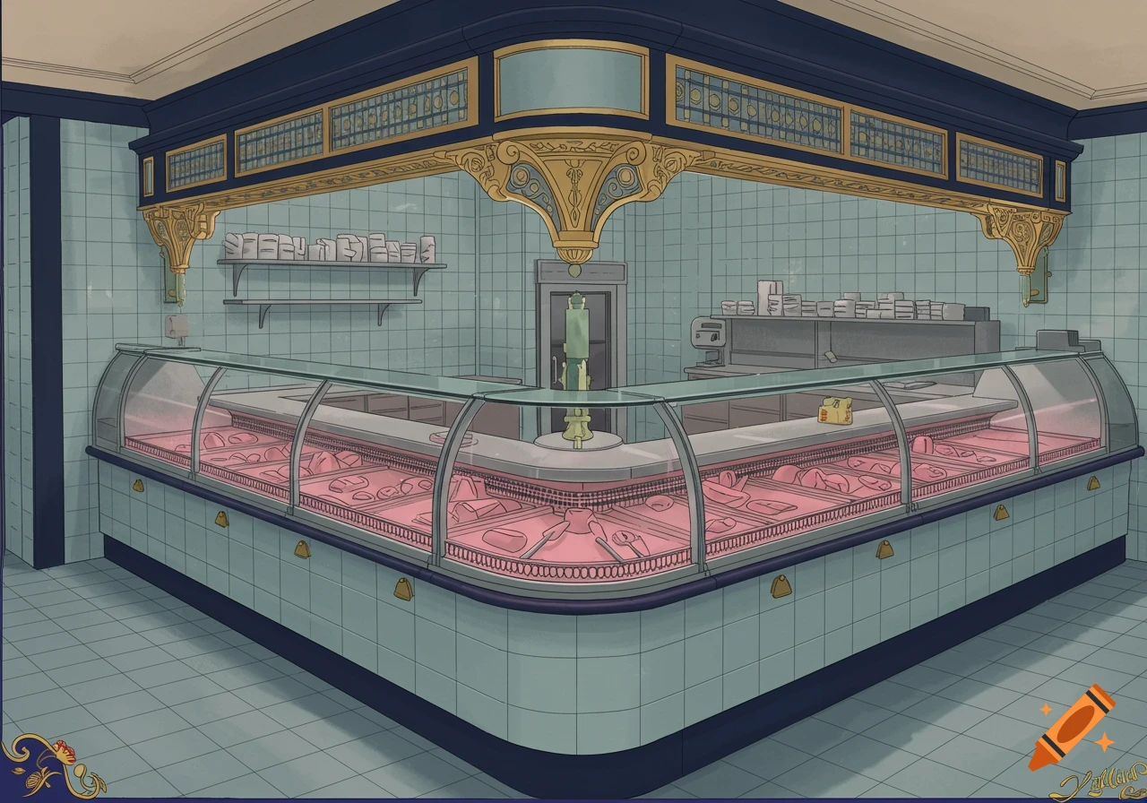 Illustration of a vintage delicatessen or butcher shop interior with blue tiles, curved glass counters displaying meat, and navy and gold accents.