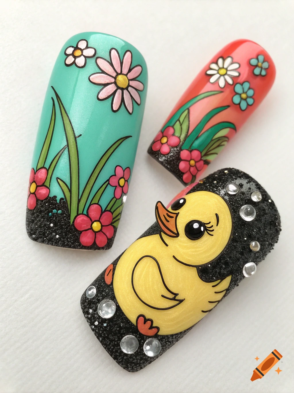Three artificial nails decorated with cartoon duck, flowers, glitter, and rhinestones