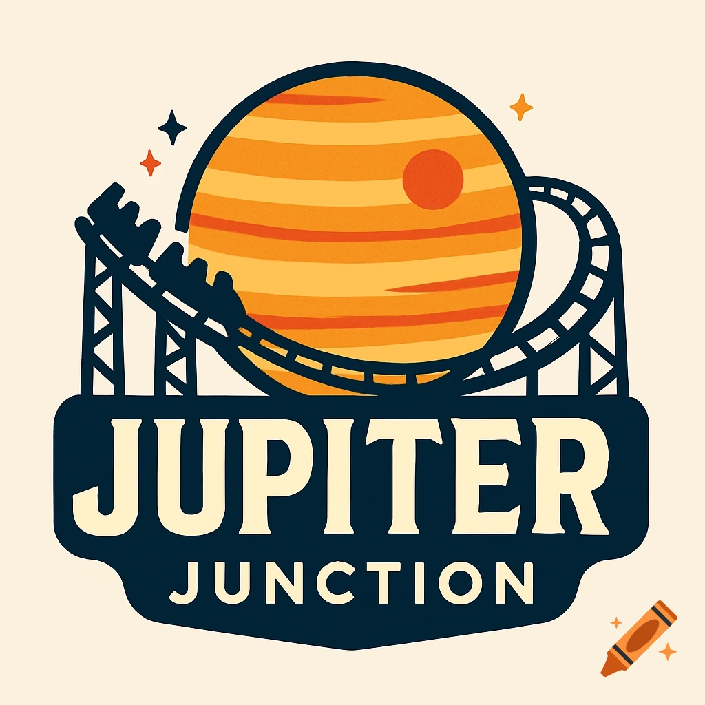 Logo for Jupiter Junction featuring a roller coaster and planet Jupiter.