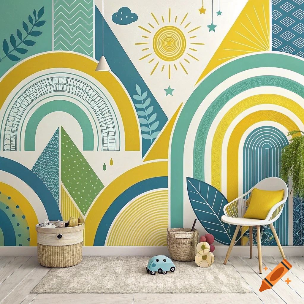 A child's room interior with a colorful, geometric mural featuring rainbows, sun, and plant motifs.