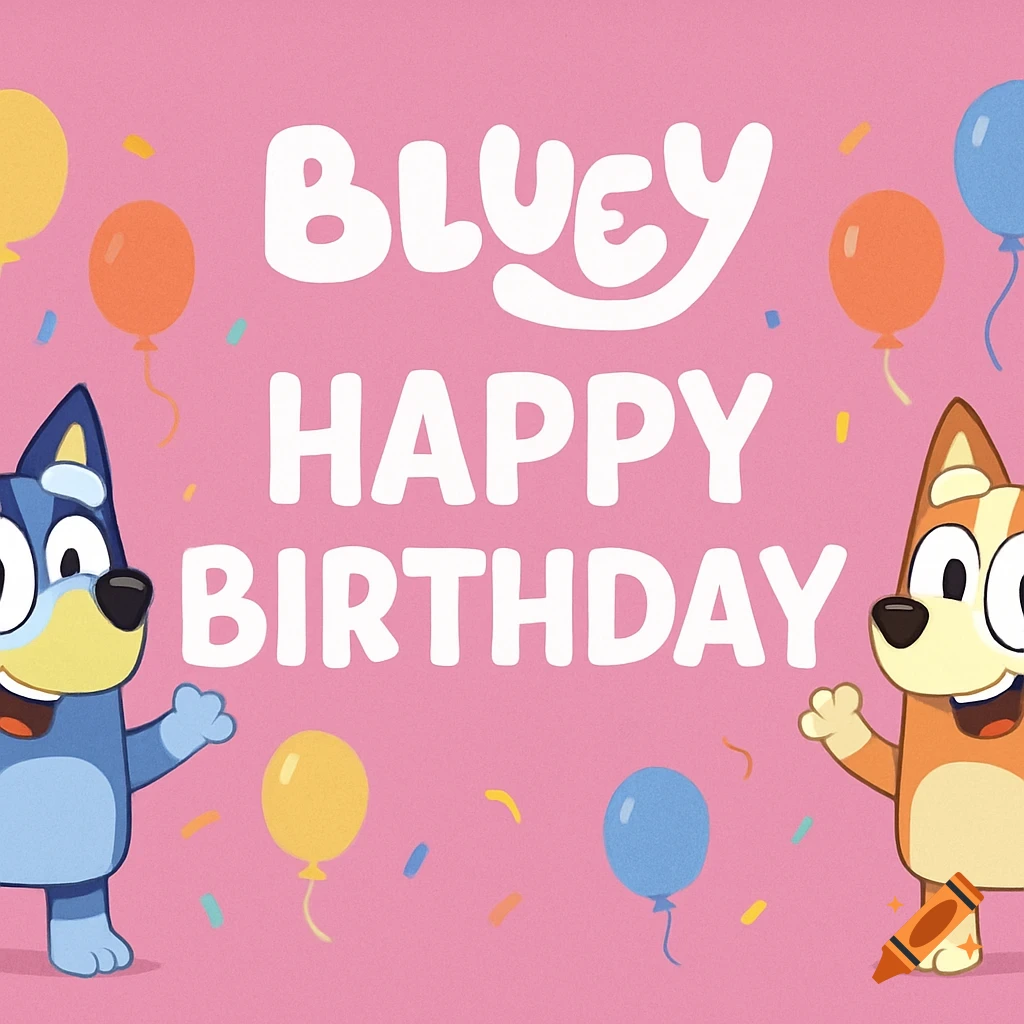 Bluey and Bingo with balloons and confetti on a pink background, text reads BLUEY HAPPY BIRTHDAY