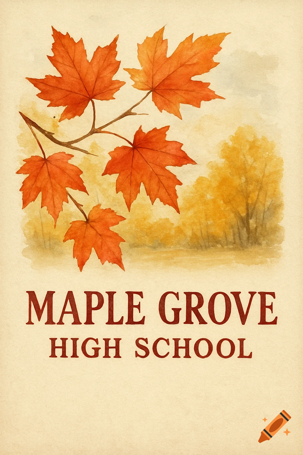 Watercolor illustration of orange maple leaves and autumn trees with 'MAPLE GROVE HIGH SCHOOL' text.
