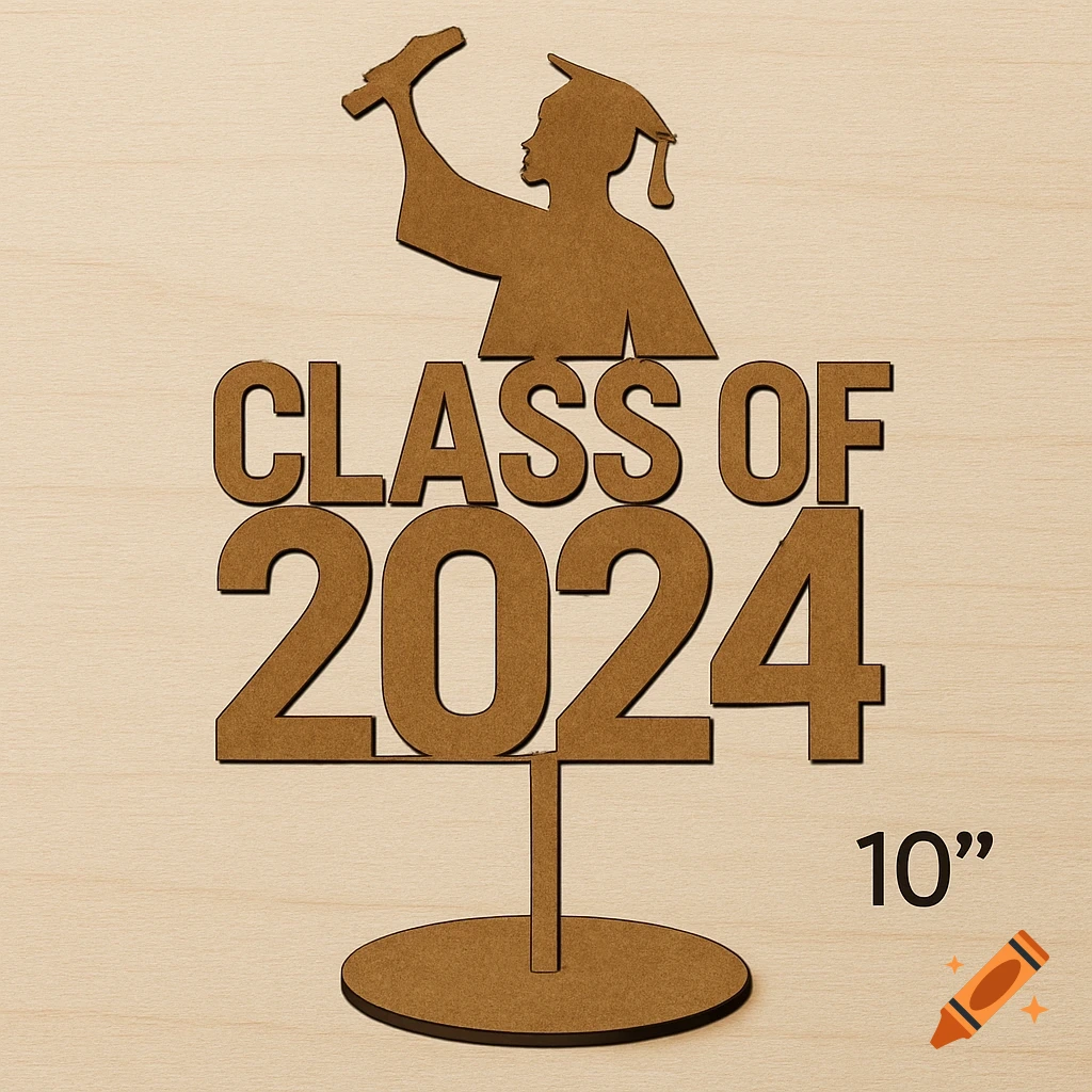 Laser cut graduation centerpiece with graduate silhouette, text 'CLASS OF 2024', and size '10"' on a wood background.