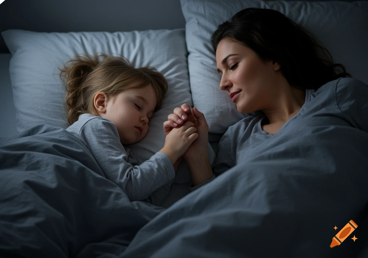 Mother and child holding hands while sleeping in bed.