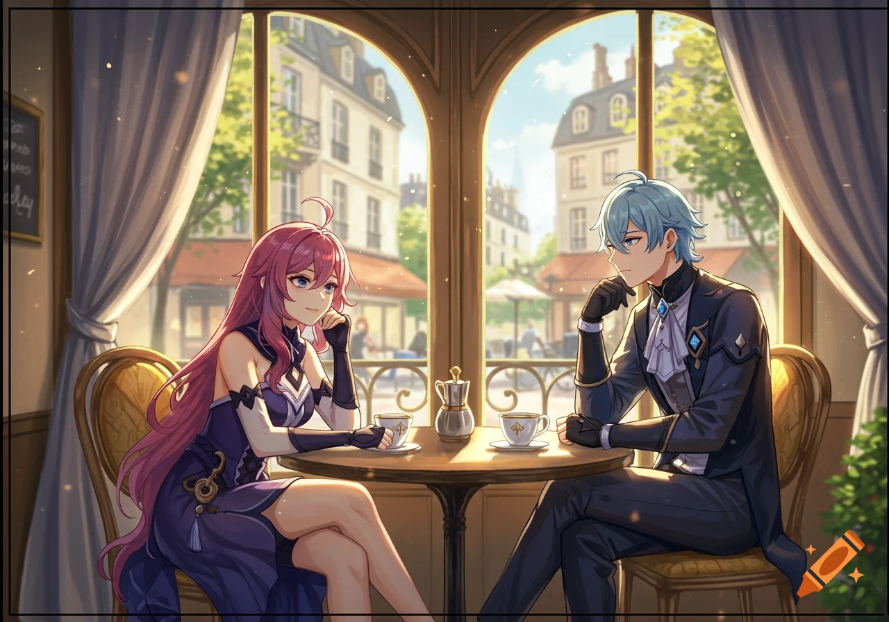 Anime characters sitting at a cafe table overlooking a European street.